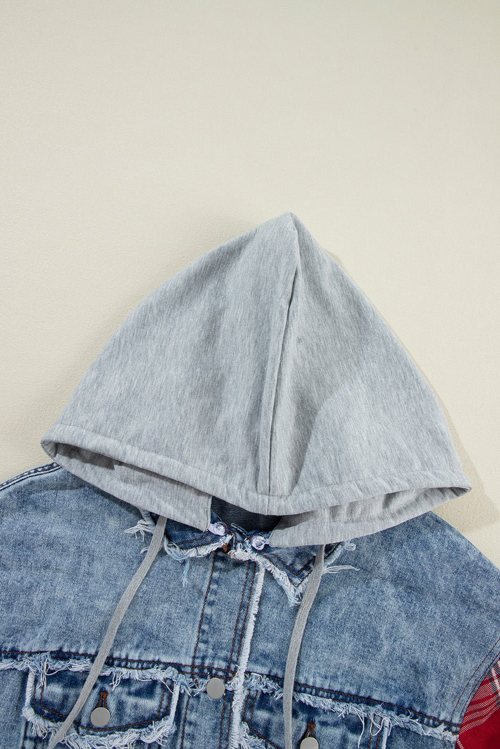 Beau Blue Plaid Print Patchwork Hooded Raw Hem Denim Jacket - Goddess Vibes
