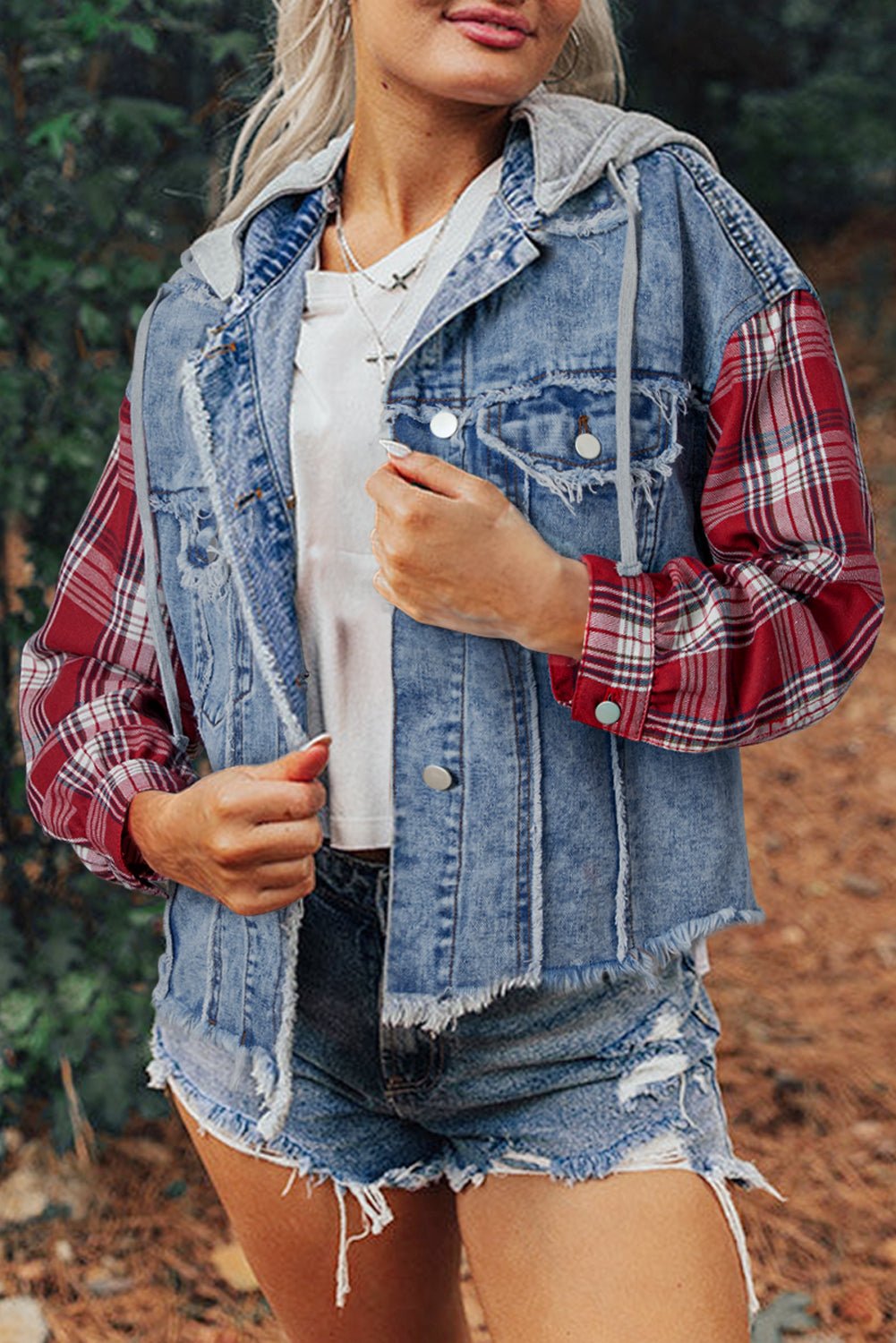 Beau Blue Plaid Print Patchwork Hooded Raw Hem Denim Jacket - Goddess Vibes