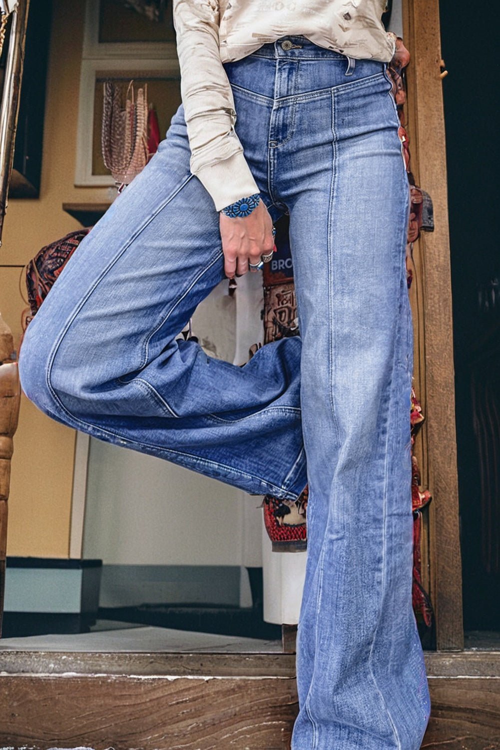 Beau Blue Tailored Center Seam Detail Straight Loose High Rise Jeans - Goddess Vibes