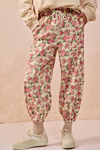 BiBi Floral Printed Twill Drawstring Pants With Elastic Band - Goddess Vibes