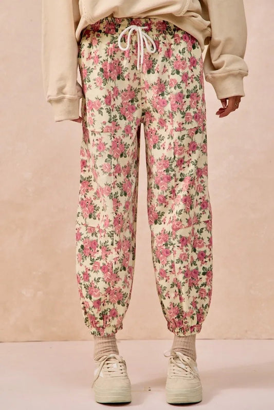 BiBi Floral Printed Twill Drawstring Pants With Elastic Band - Goddess Vibes