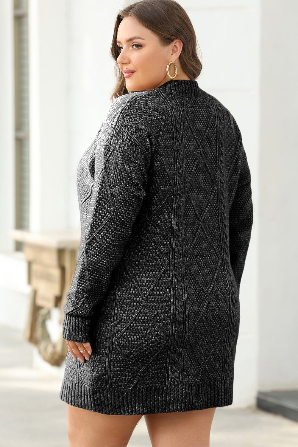 Black Cable Knit Drop Shoulder Loose Fit Sweater Dress - Goddess Vibes