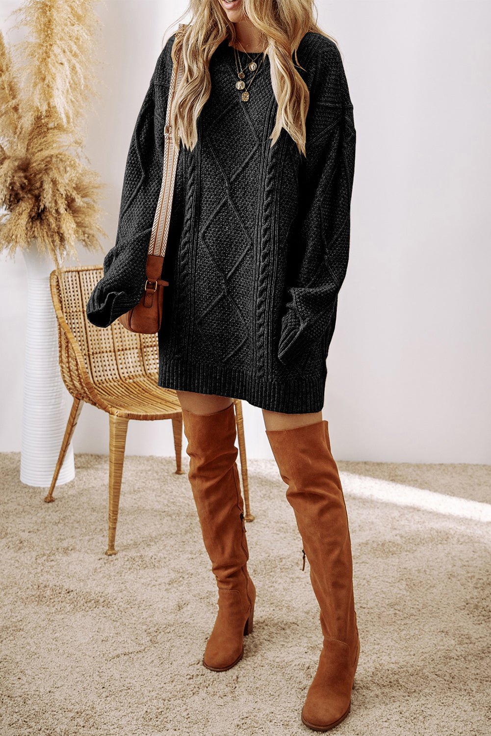 Black Cable Knit Drop Shoulder Loose Fit Sweater Dress - Goddess Vibes