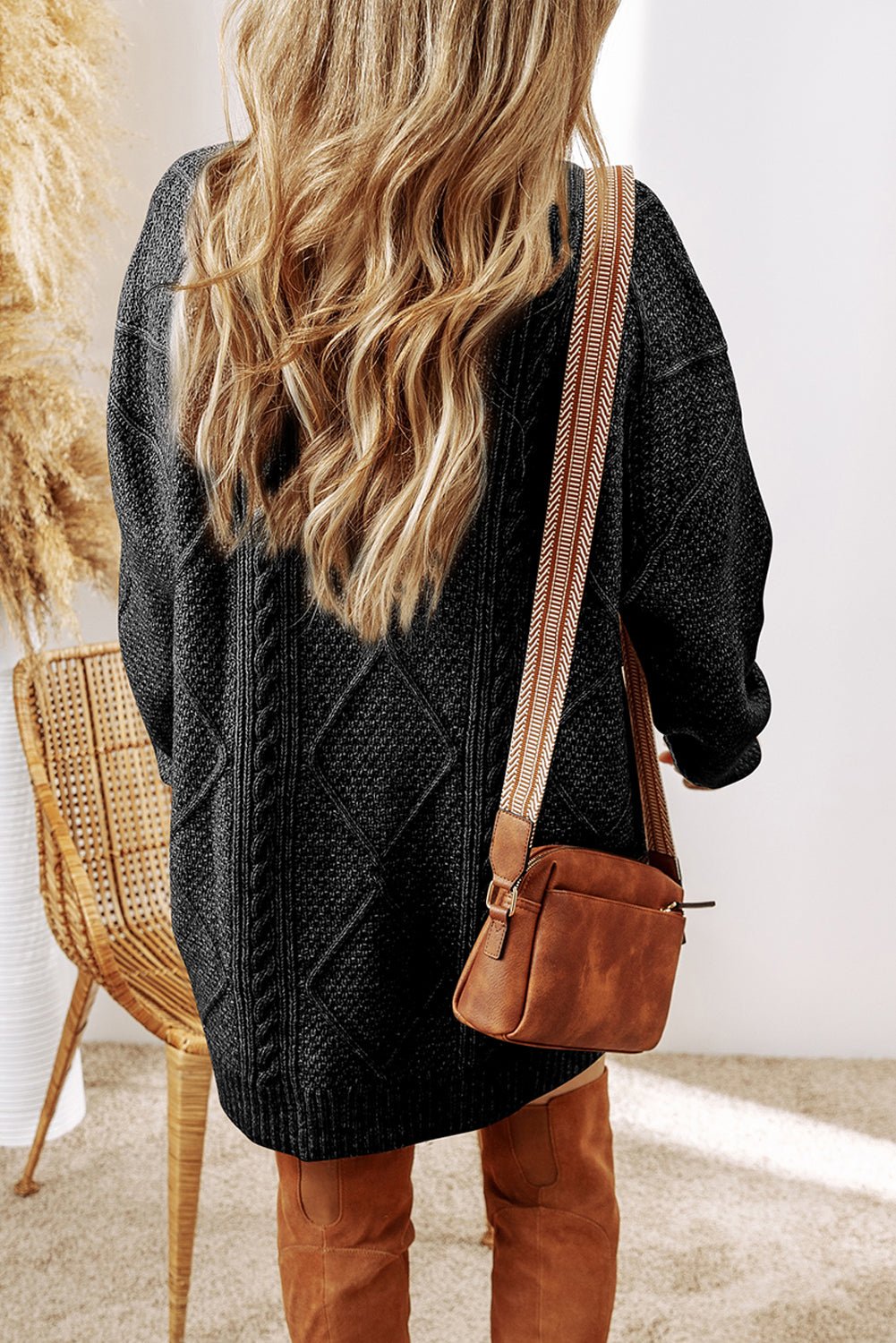 Black Cable Knit Drop Shoulder Loose Fit Sweater Dress - Goddess Vibes