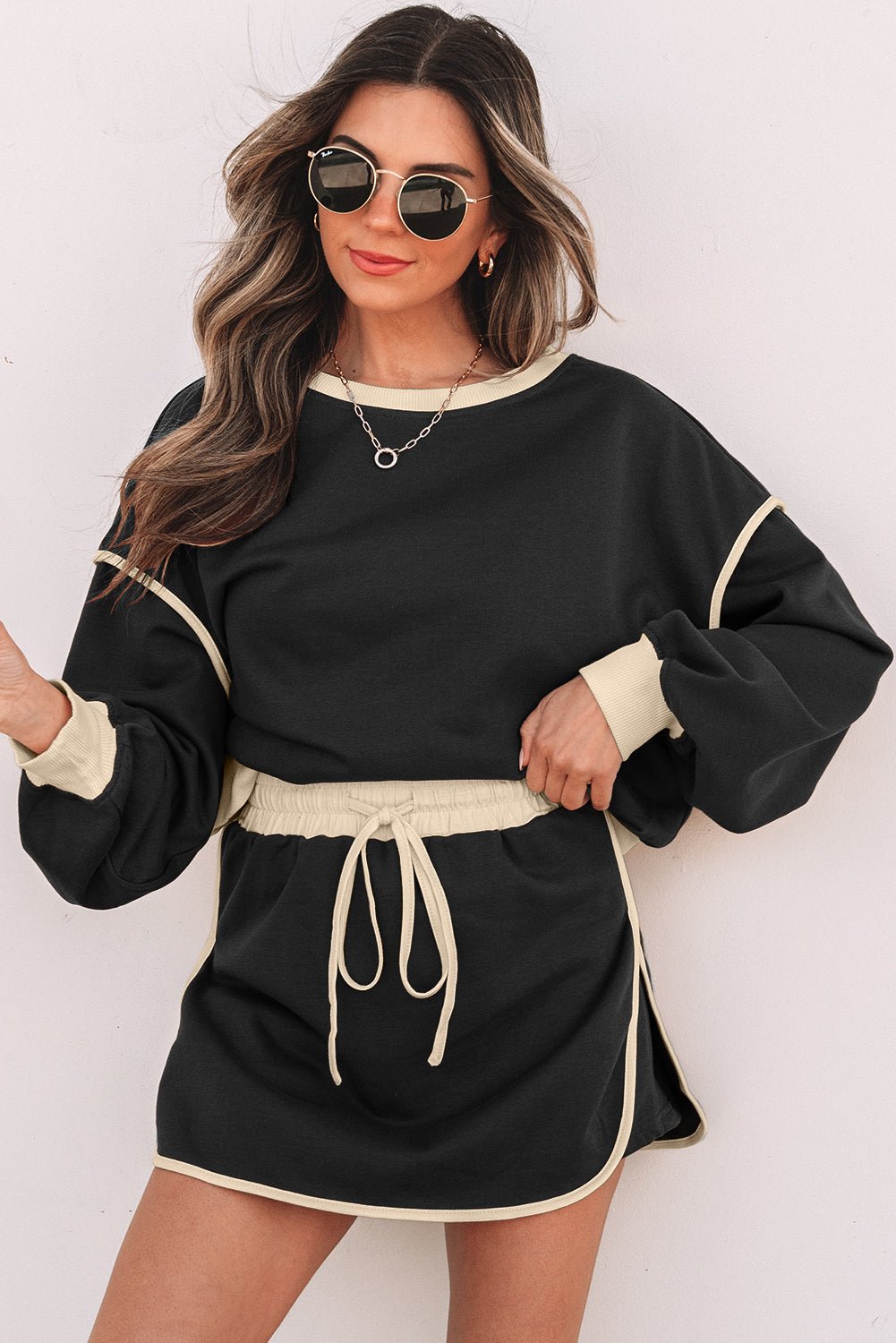 Black Color Contrast Loose Pullover and Lace - up Waist Skort Set - Goddess Vibes