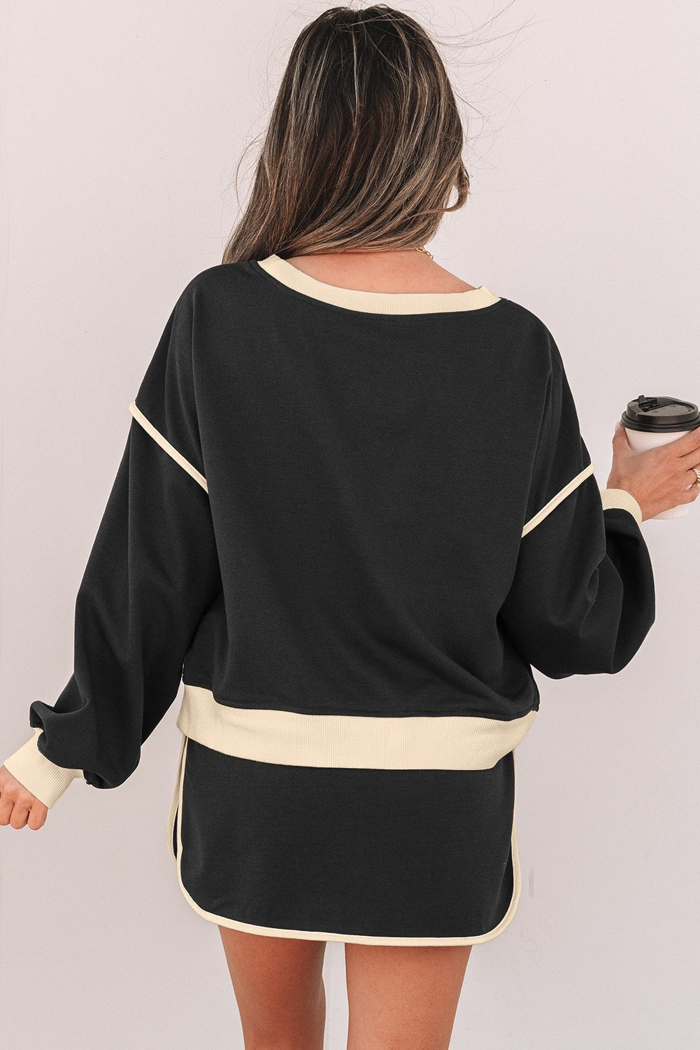 Black Color Contrast Loose Pullover and Lace - up Waist Skort Set - Goddess Vibes