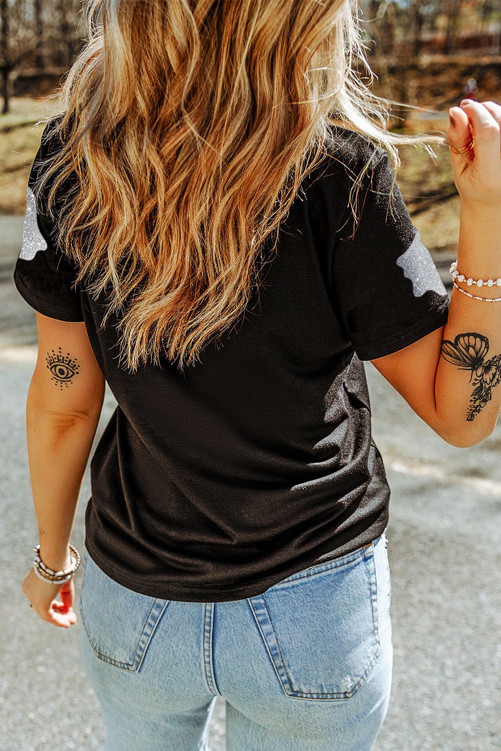 Black Glitter Ghost Pattern Crew Neck Halloween T Shirt - Goddess Vibes