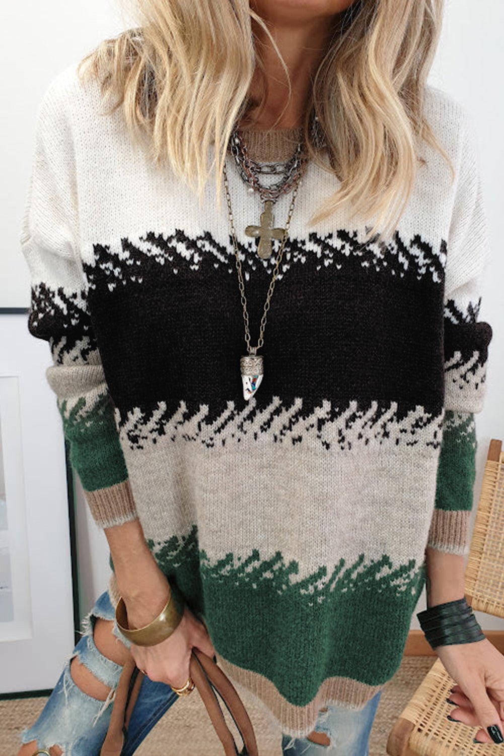 Black Stylish Color Block Pattern Drop Shoulder Sweater - Goddess Vibes