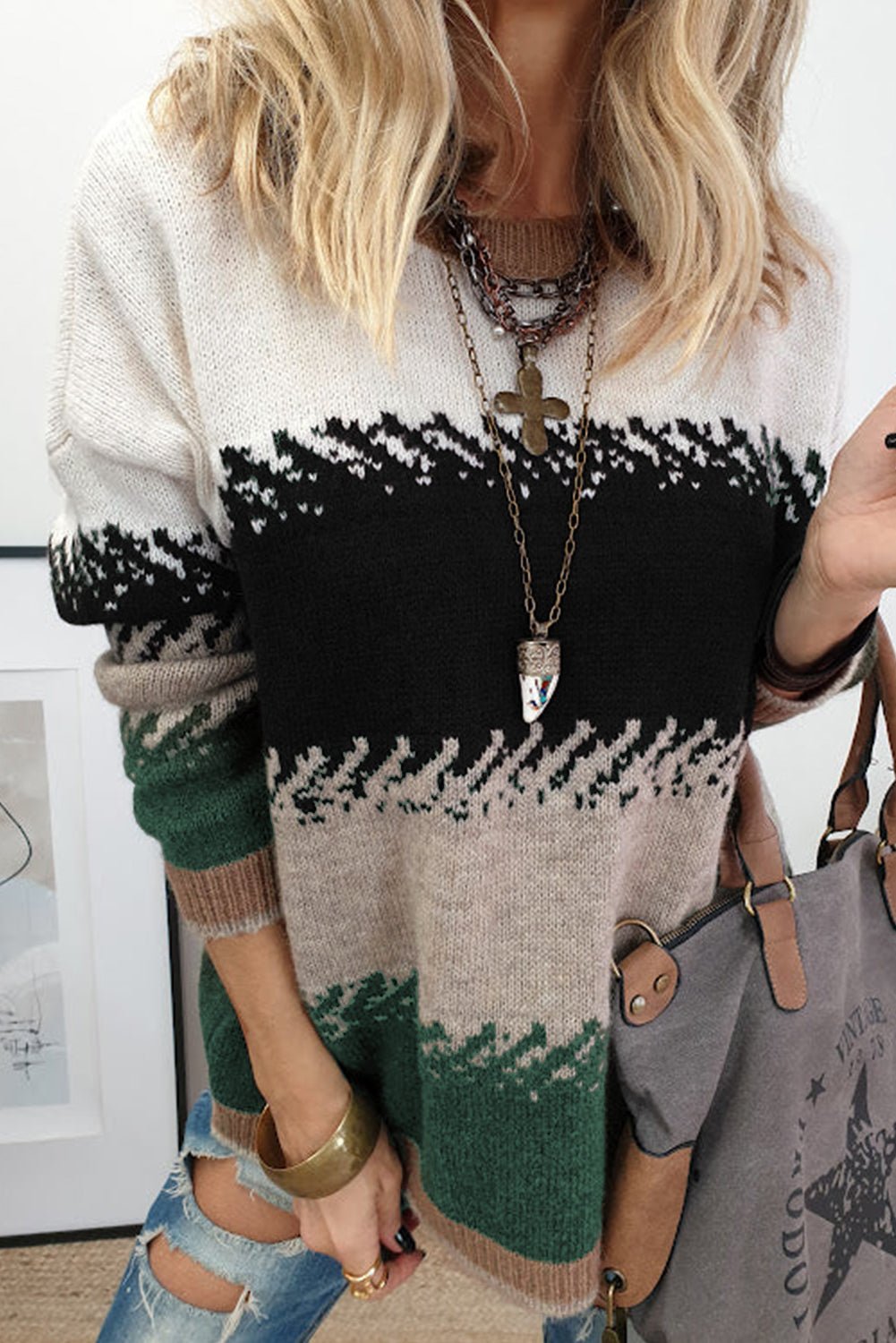 Black Stylish Color Block Pattern Drop Shoulder Sweater - Goddess Vibes