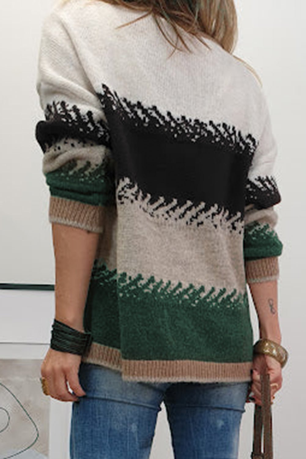 Black Stylish Color Block Pattern Drop Shoulder Sweater - Goddess Vibes
