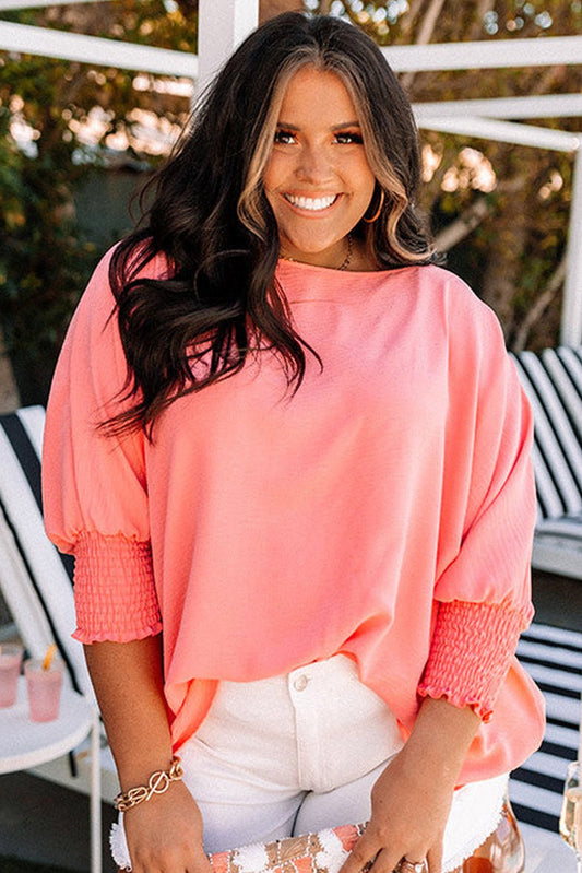 Blossom Shirred Cuffs Half Sleeve Plus Size Textured Blouse - Goddess Vibes