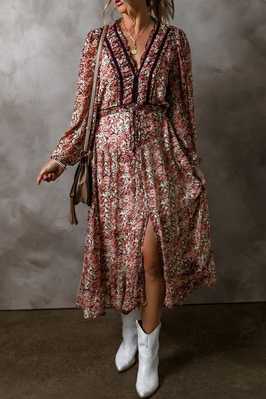 Brown Floral Print Split Front Tiered Frilled V Neck Midi Dress - Goddess Vibes