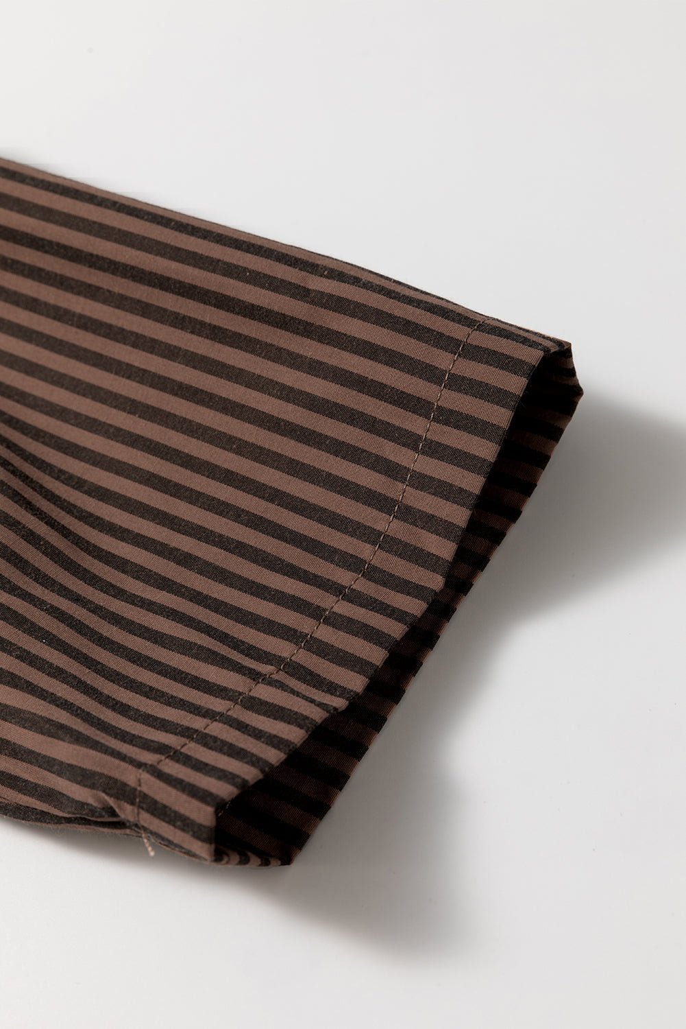 Brown Stripe V Neck Roll Up Sleeve Pocket Patched Classic Shirt - Goddess Vibes