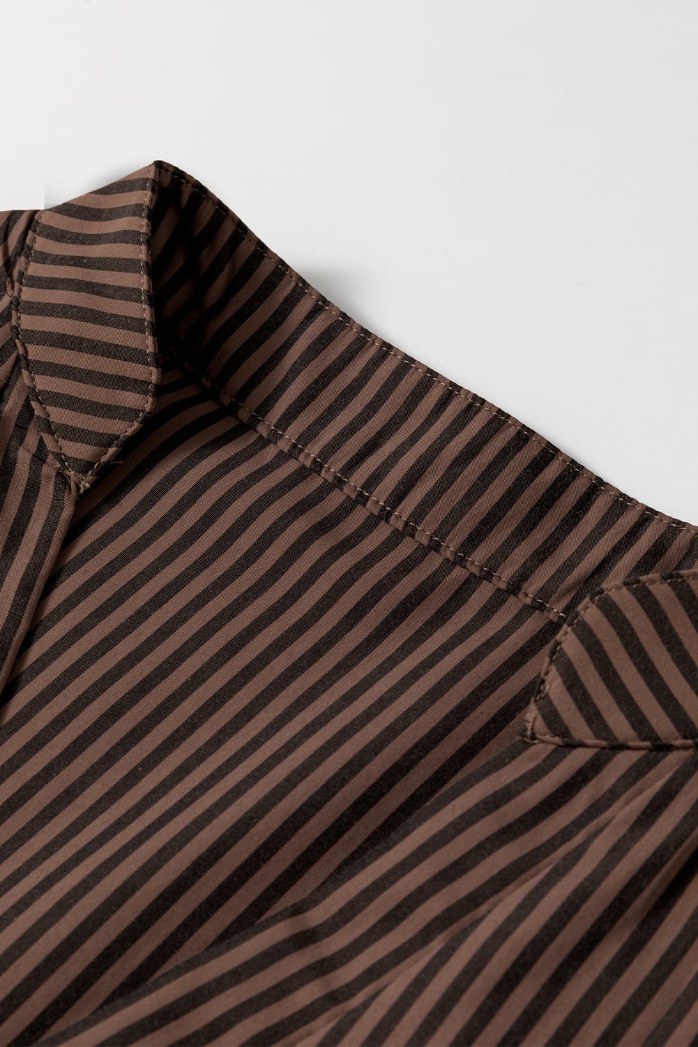 Brown Stripe V Neck Roll Up Sleeve Pocket Patched Classic Shirt - Goddess Vibes