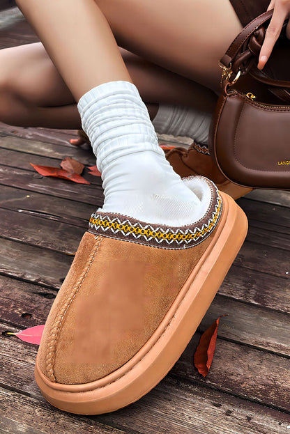 Chestnut Contrast Edge Suede Plush Lined Thick Sole Winter Slippers - Goddess Vibes