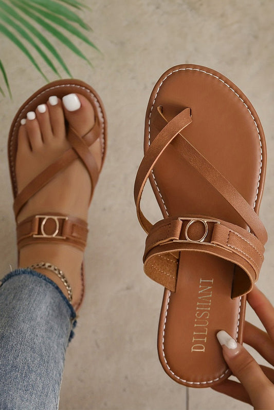 Chestnut Cross Toe Metal Buckle Leathered Flat Slippers - Goddess Vibes