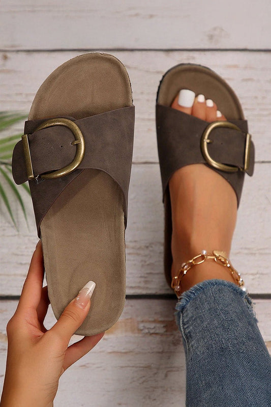 Coffee Buckle Decor Faux Suede Thick Sole Slippers - Goddess Vibes