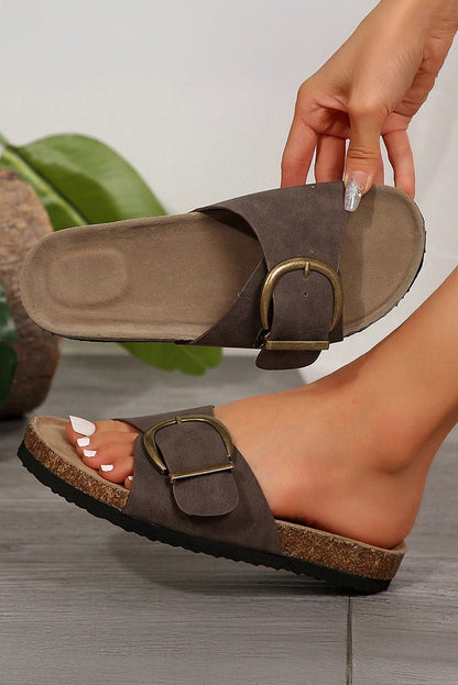 Coffee Buckle Decor Faux Suede Thick Sole Slippers - Goddess Vibes