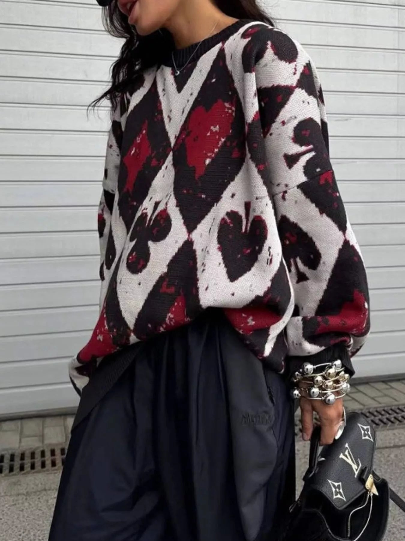Contrast Diamond Round Neck Long Sleeve Sweater - Goddess Vibes