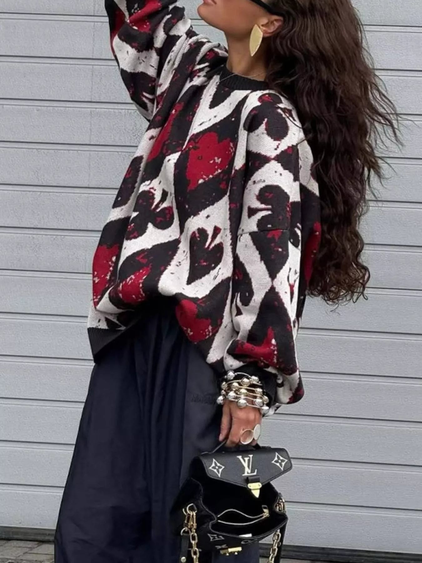Contrast Diamond Round Neck Long Sleeve Sweater - Goddess Vibes