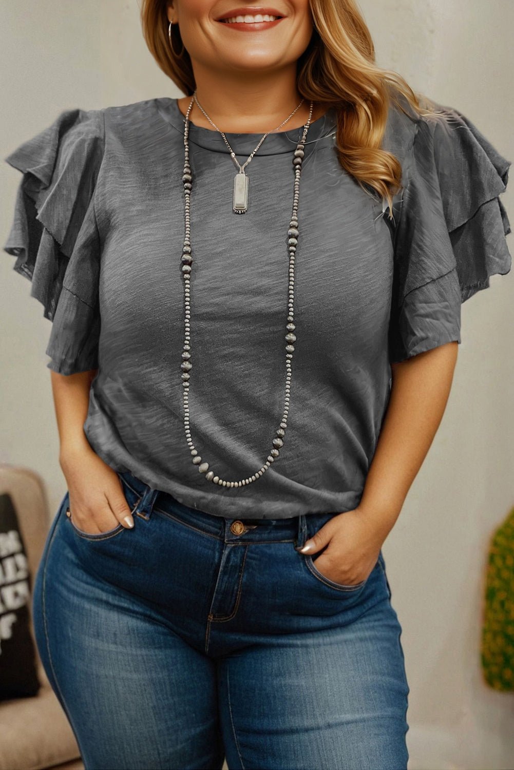 Dark Grey Double Ruffled Short Sleeve Plus Size Top - Goddess Vibes