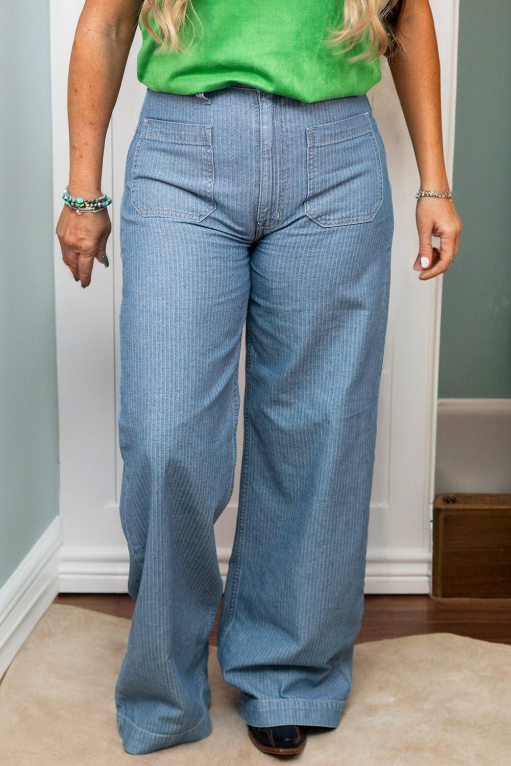 Dusk Blue Patched Pocket Textured Wide Leg Plus Size Jeans - Goddess Vibes