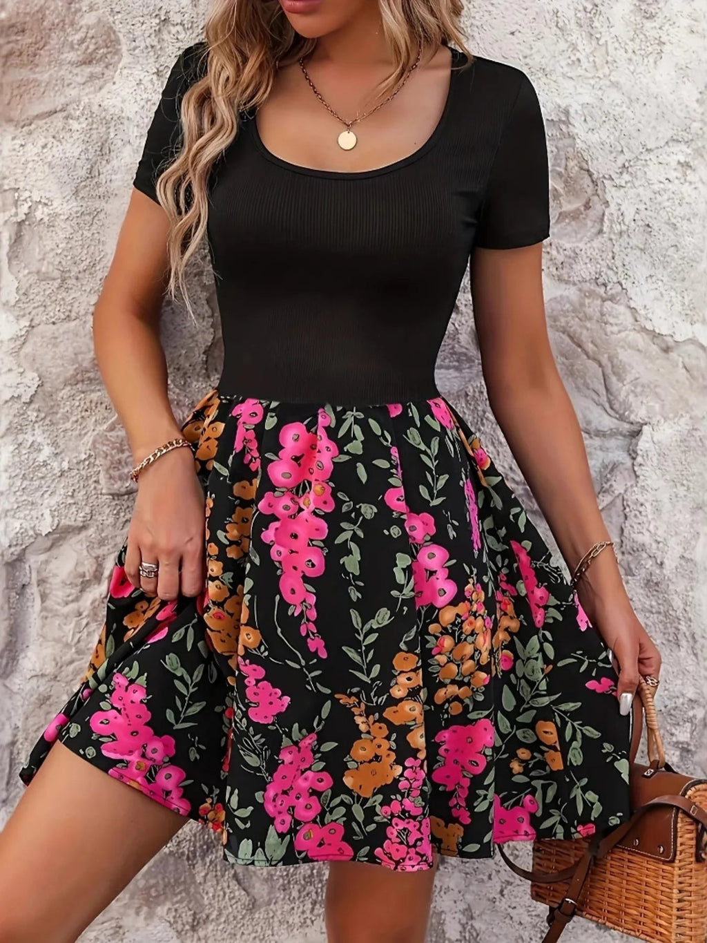Floral Print Short Sleeve Mini Dress - Goddess Vibes