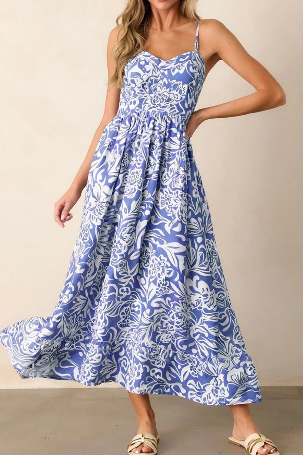 Floral Print Spaghetti Strap High Waist Dress - Goddess Vibes