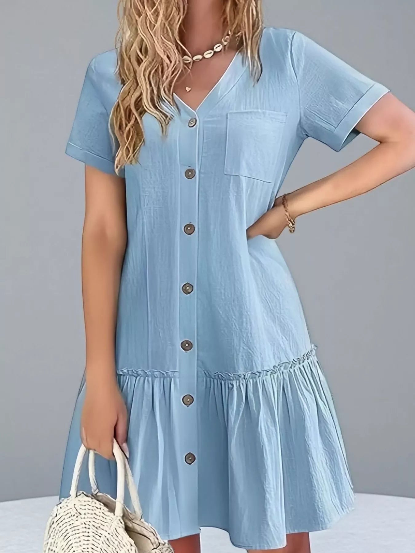 Full Size Button - Front Short Sleeve Tiered Dress Plus Size - Goddess Vibes
