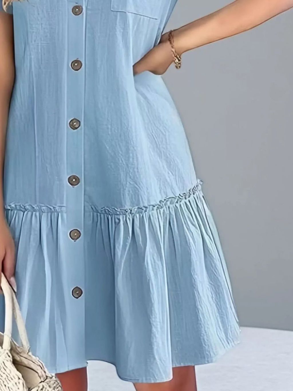 Full Size Button - Front Short Sleeve Tiered Dress Plus Size - Goddess Vibes