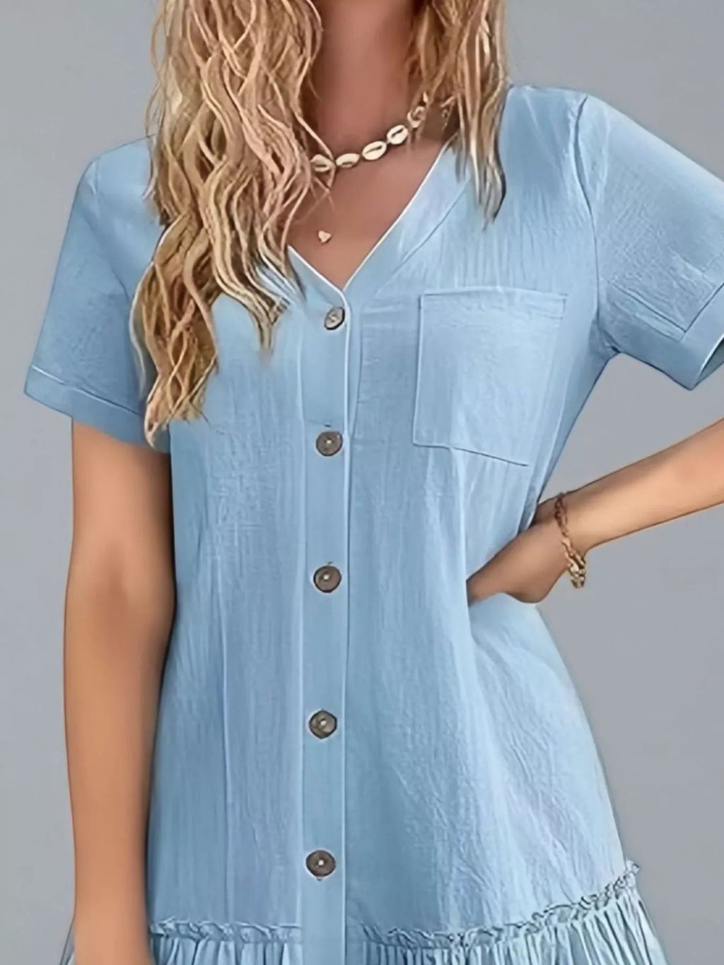 Full Size Button - Front Short Sleeve Tiered Dress Plus Size - Goddess Vibes
