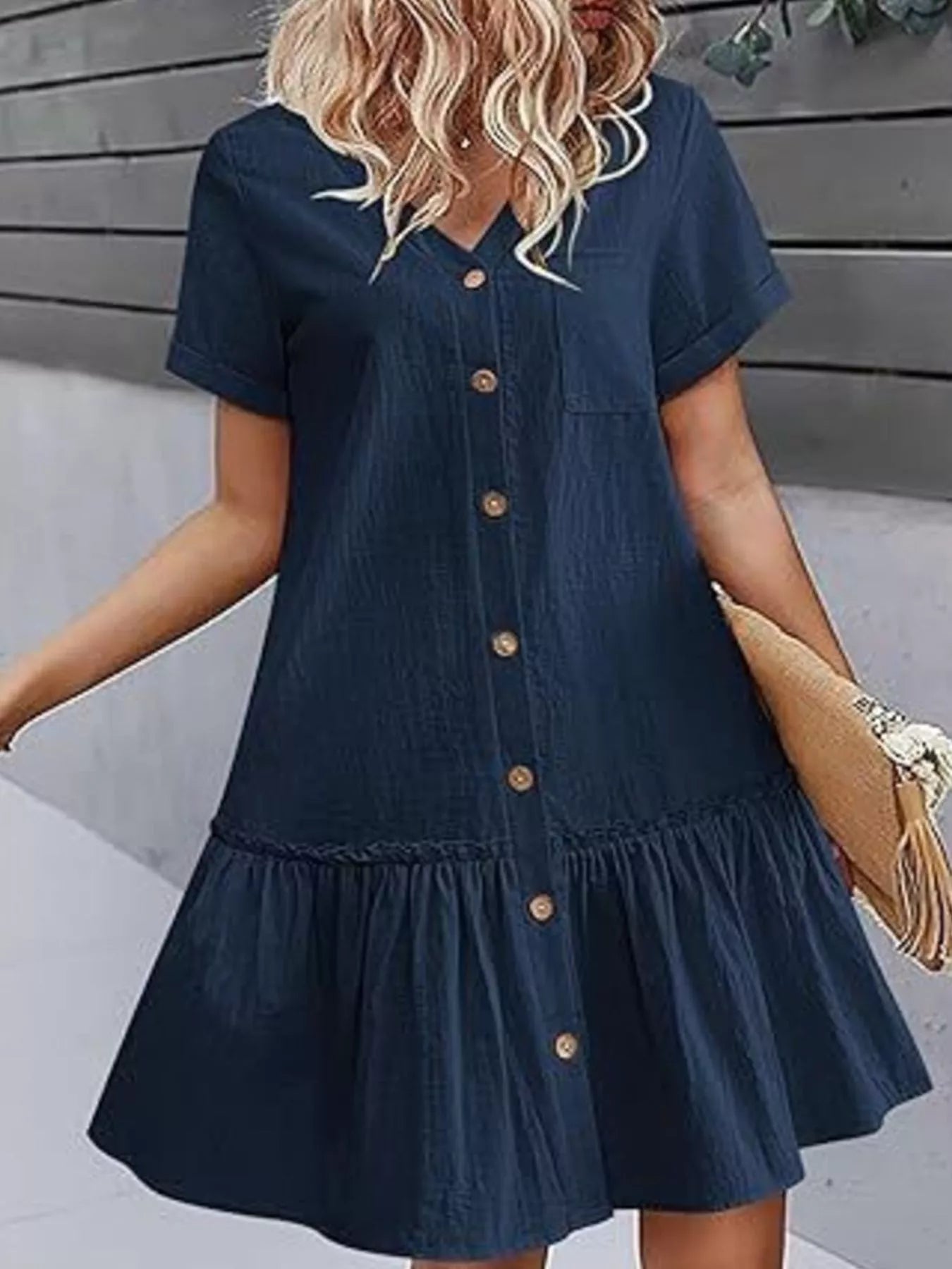 Full Size Button - Front Short Sleeve Tiered Dress Plus Size - Goddess Vibes