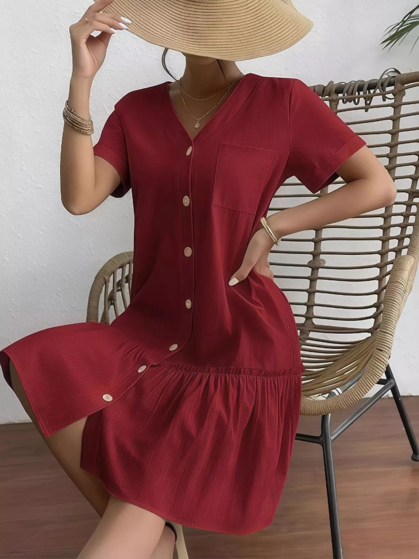 Full Size Button - Front Short Sleeve Tiered Dress Plus Size - Goddess Vibes