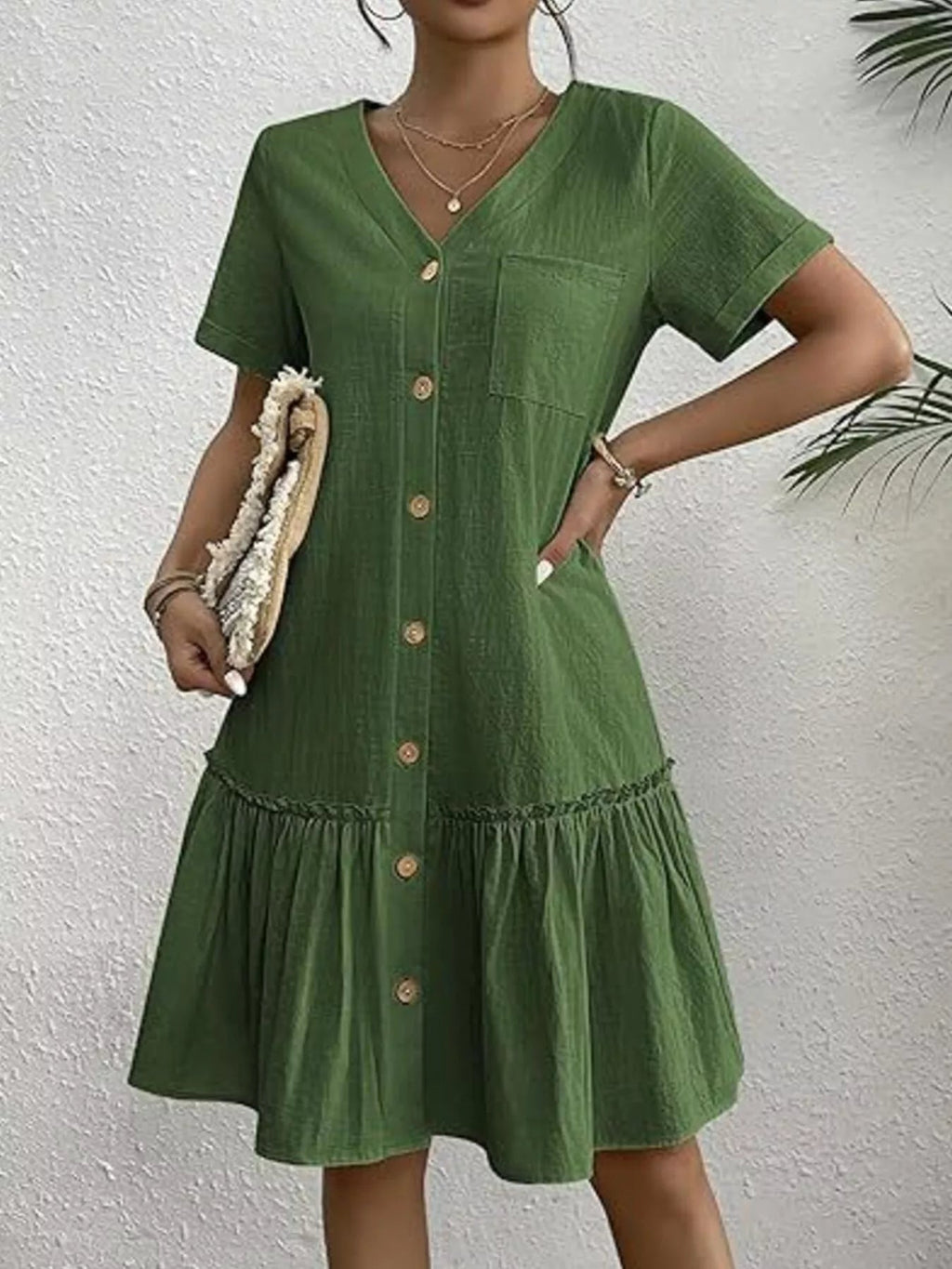 Full Size Button - Front Short Sleeve Tiered Dress Plus Size - Goddess Vibes
