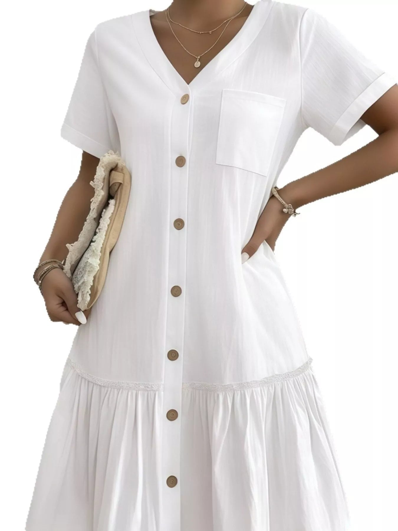Full Size Button - Front Short Sleeve Tiered Dress Plus Size - Goddess Vibes