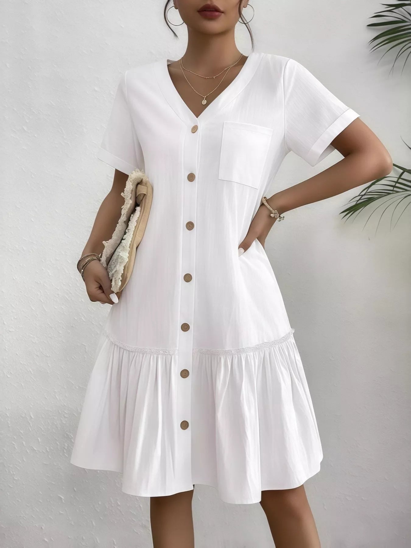 Full Size Button - Front Short Sleeve Tiered Dress Plus Size - Goddess Vibes