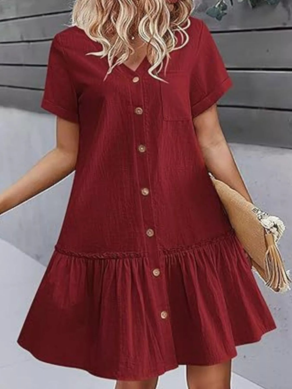 Full Size Button - Front Short Sleeve Tiered Dress Plus Size - Goddess Vibes