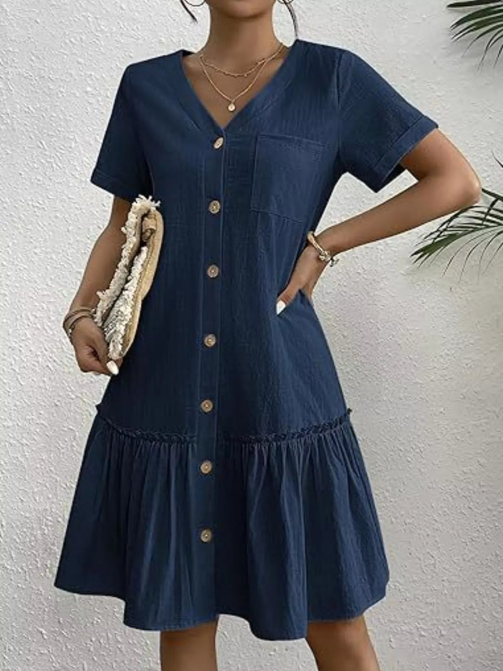 Full Size Button - Front Short Sleeve Tiered Dress Plus Size - Goddess Vibes
