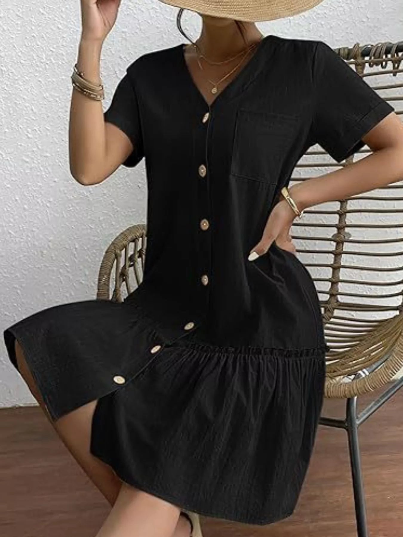 Full Size Button - Front Short Sleeve Tiered Dress Plus Size - Goddess Vibes