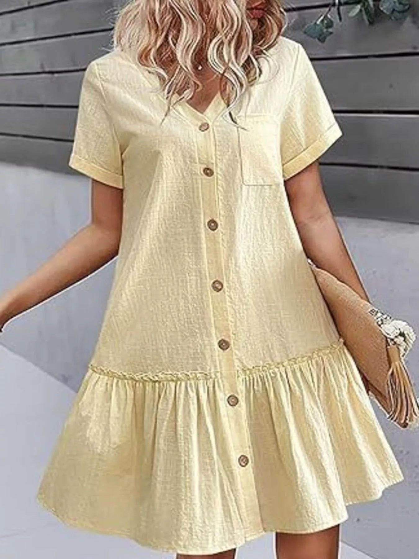 Full Size Button - Front Short Sleeve Tiered Dress Plus Size - Goddess Vibes