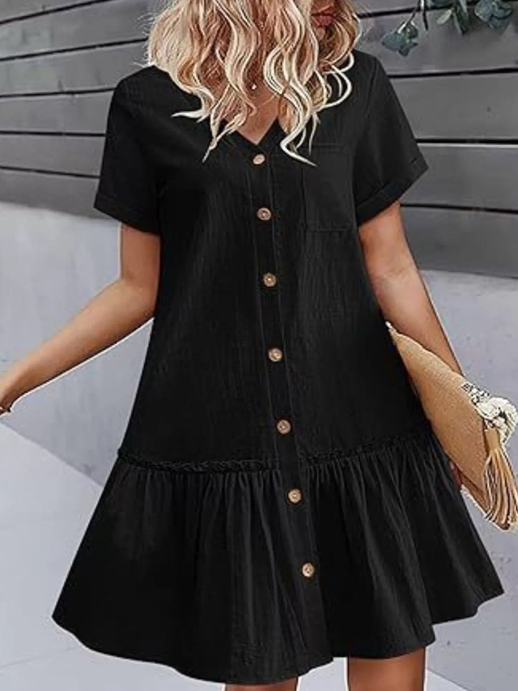 Full Size Button - Front Short Sleeve Tiered Dress Plus Size - Goddess Vibes