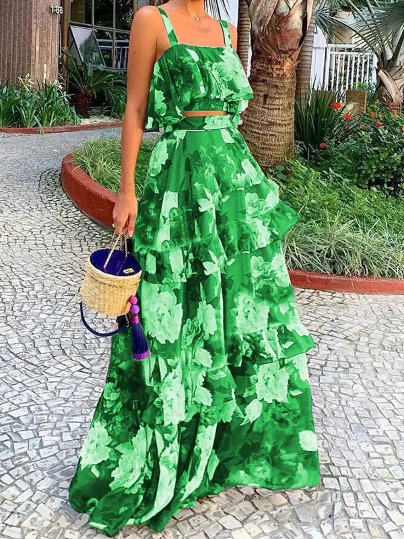Full Size Floral Cami and Layered Skirt Set Plus Size - Goddess Vibes