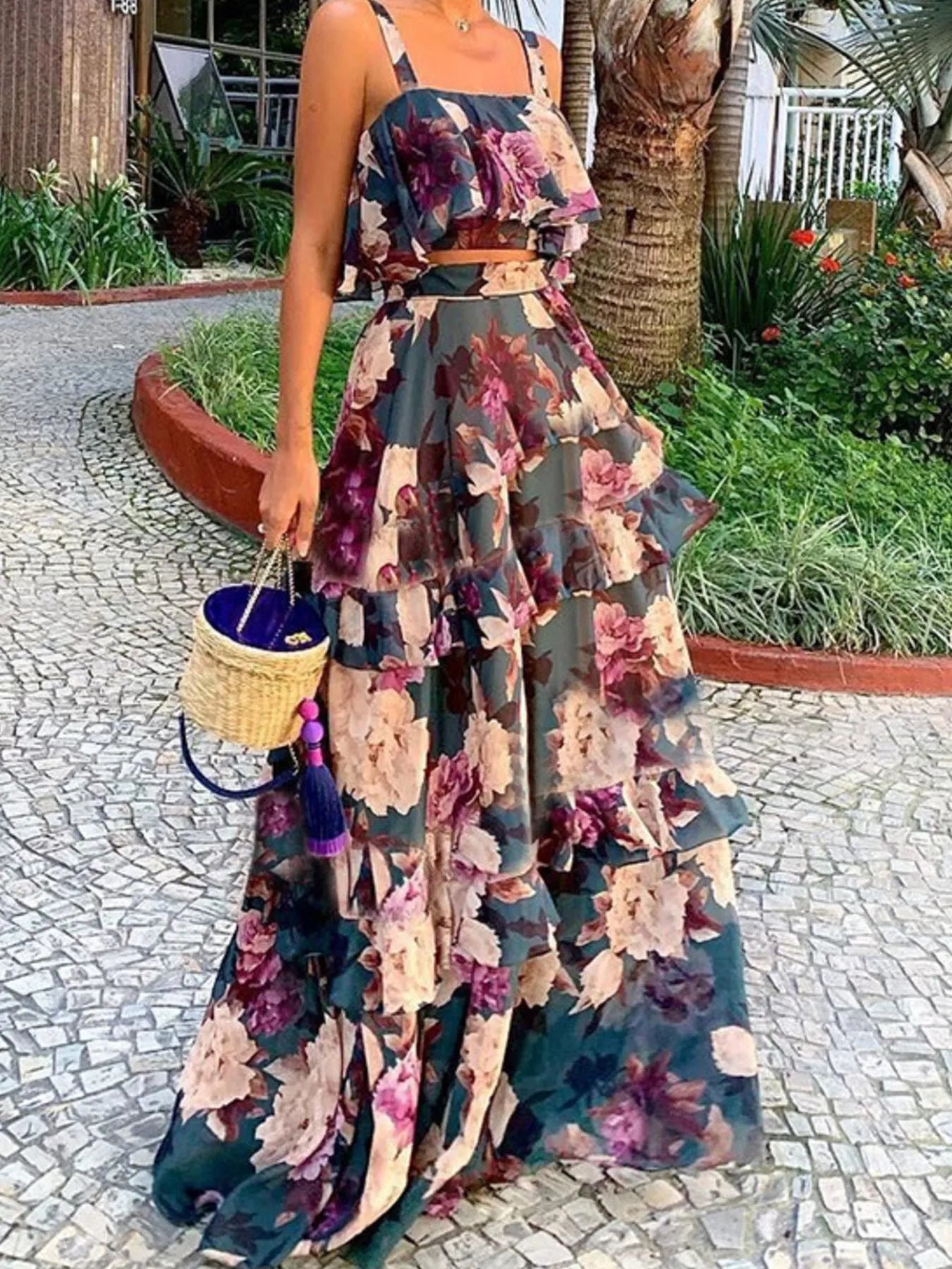 Full Size Floral Cami and Layered Skirt Set Plus Size - Goddess Vibes