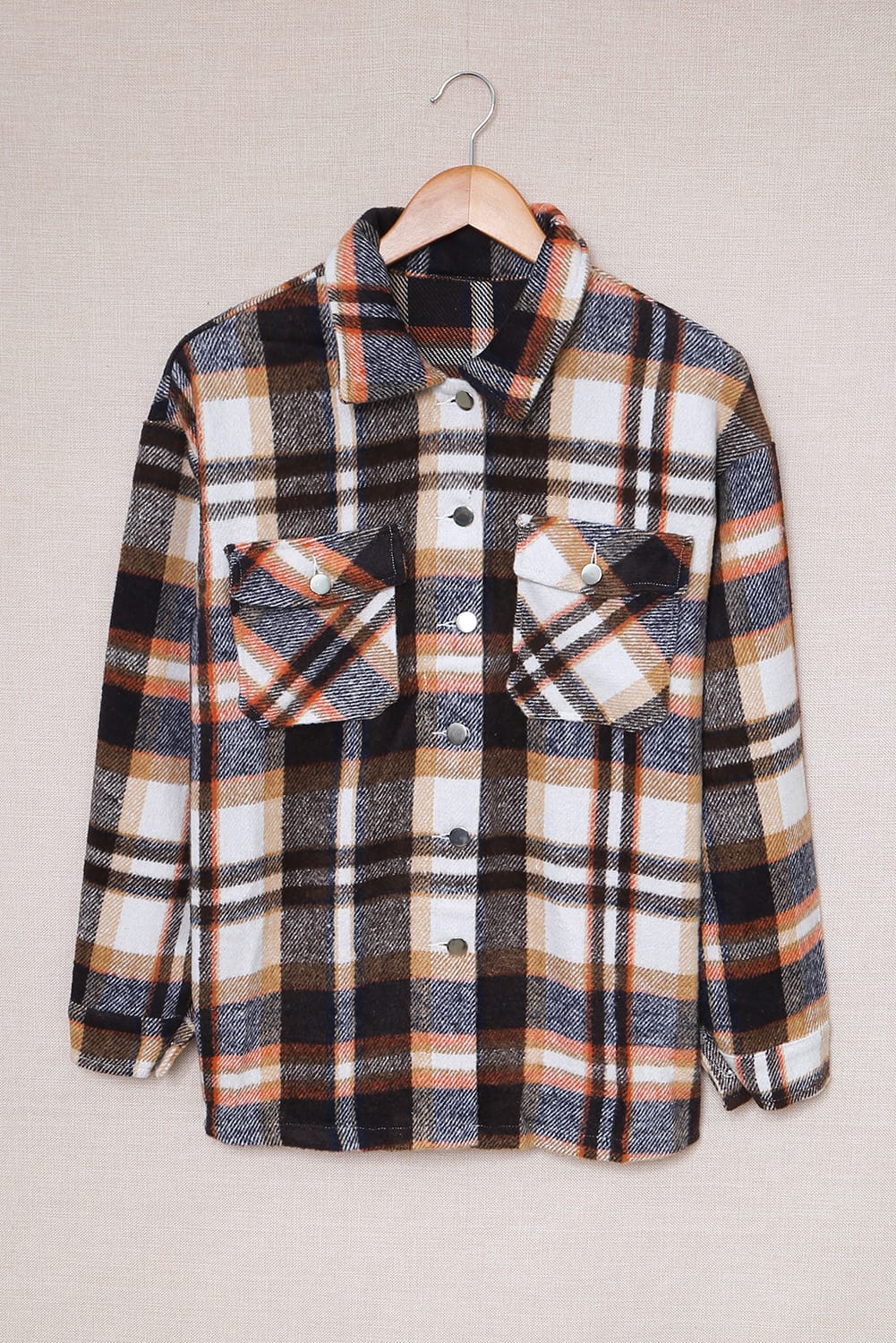 Geometric Plaid Print Pocketed Shacket - Goddess Vibes