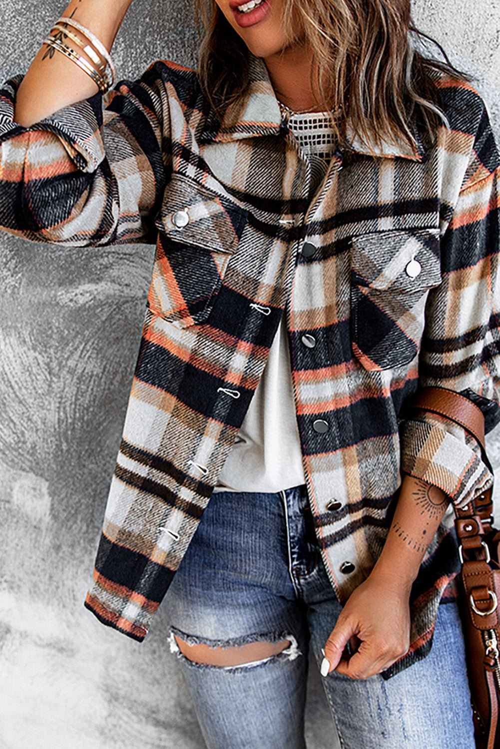 Geometric Plaid Print Pocketed Shacket - Goddess Vibes