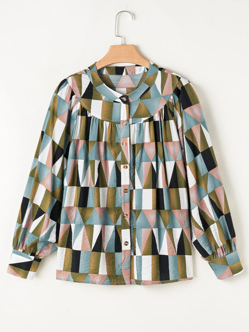 Geometric Print Buttoned Balloon Sleeve Loose Fit Shirt - Goddess Vibes