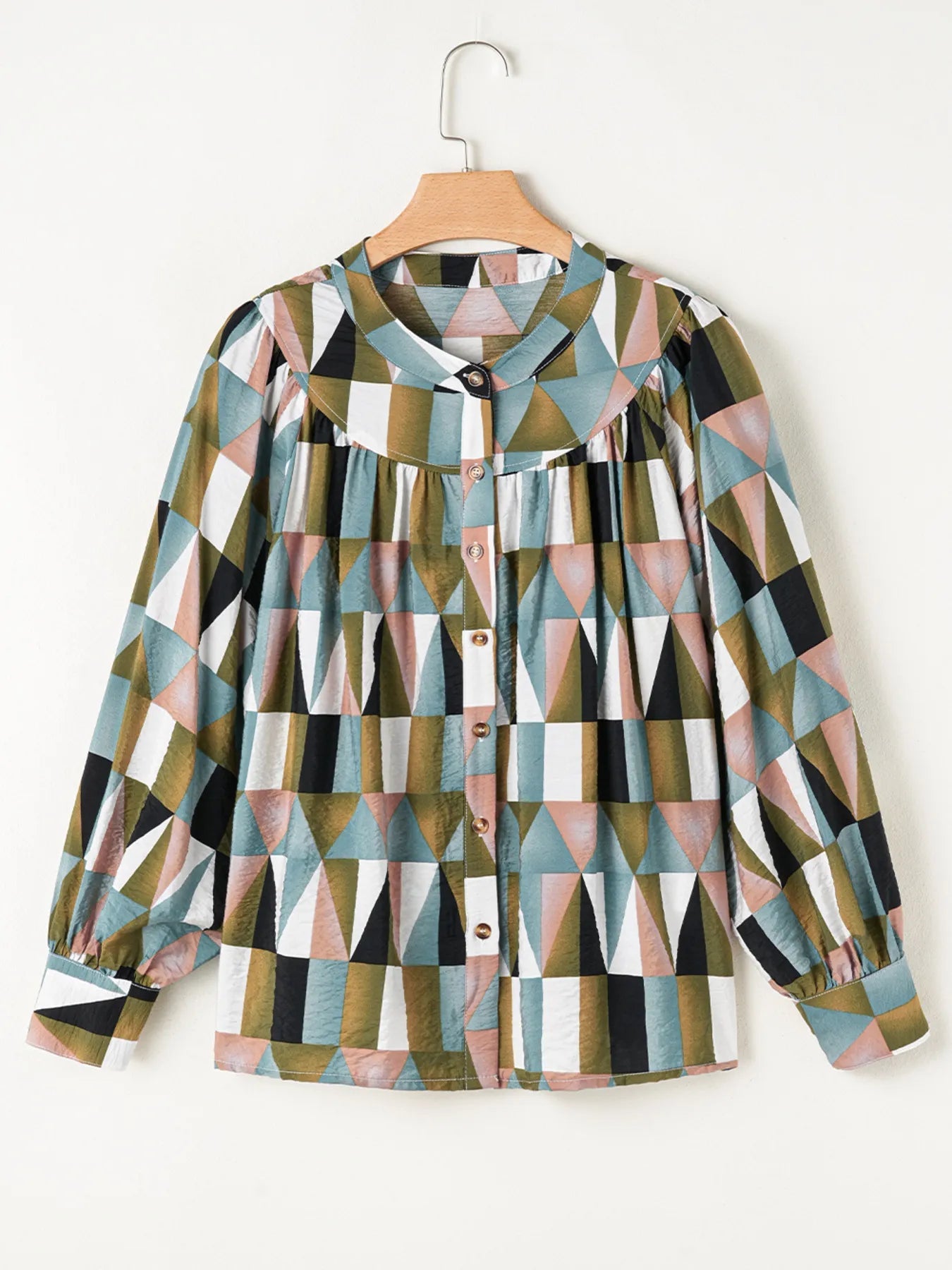 Geometric Print Buttoned Balloon Sleeve Loose Fit Shirt - Goddess Vibes