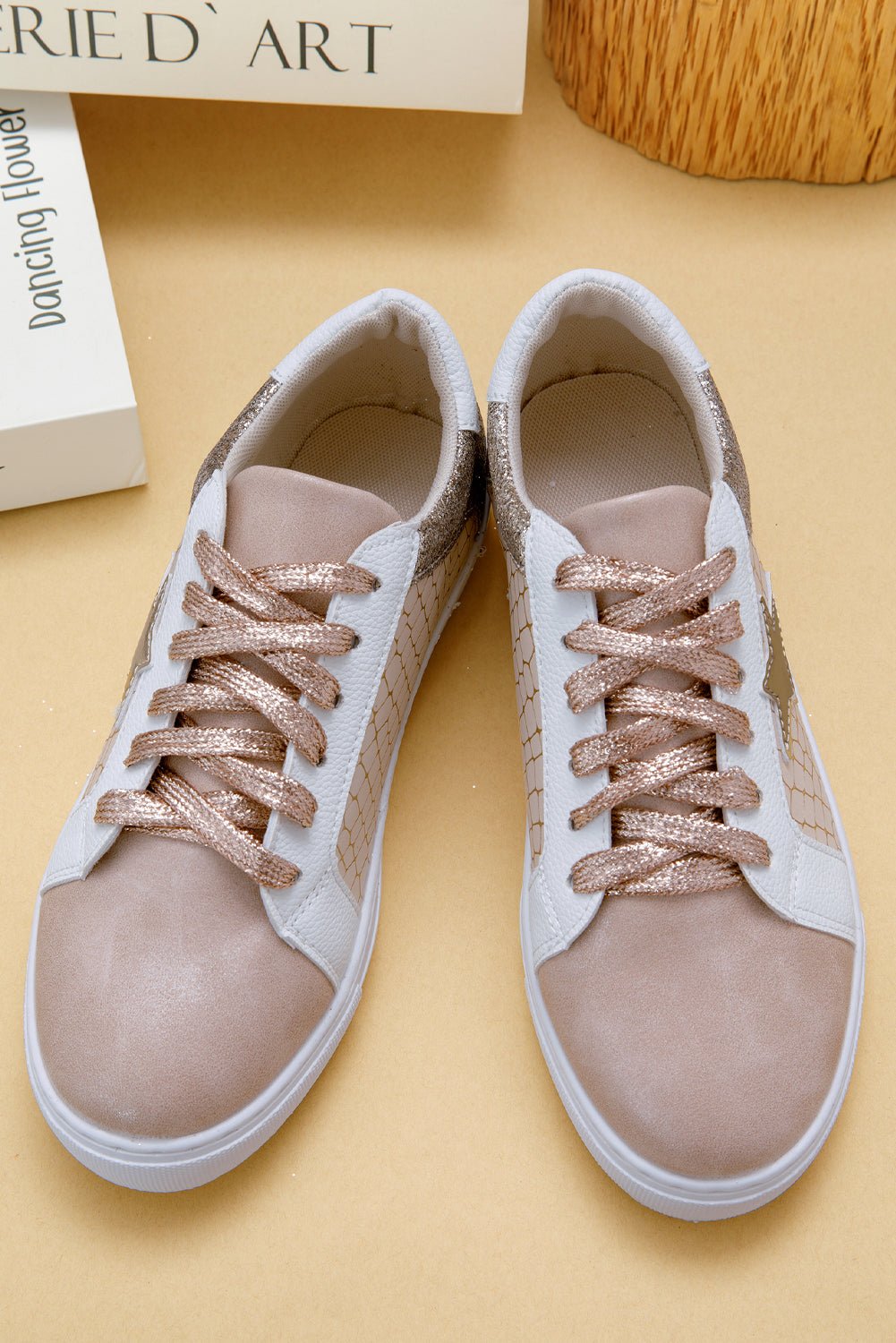 Gold Glitter Star Patchwork PU Leather Lace - up Sneakers - Goddess Vibes