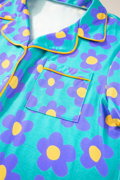 Green Flower Print Short Sleeve Shirt Pajamas Set - Goddess Vibes