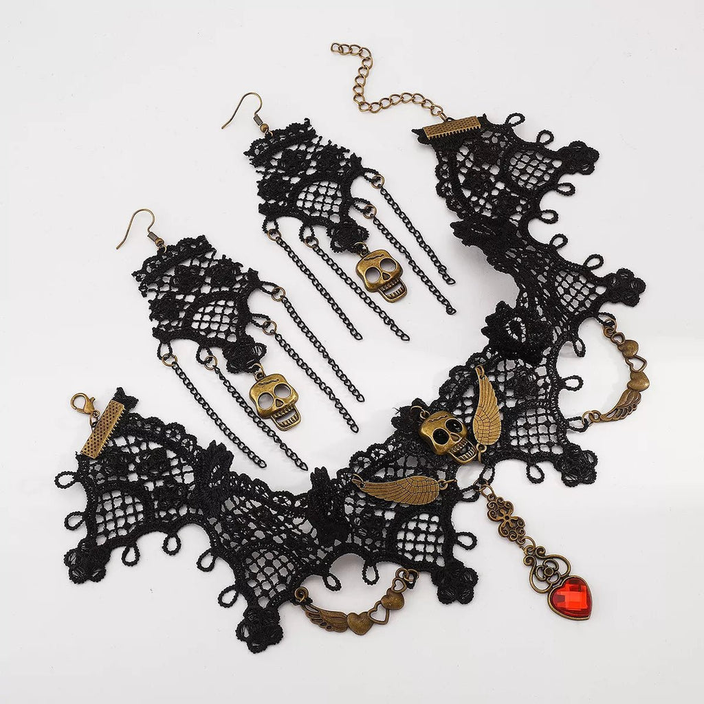 Halloween Lace Skull Necklace and Earrings Jewelry Set - Goddess Vibes